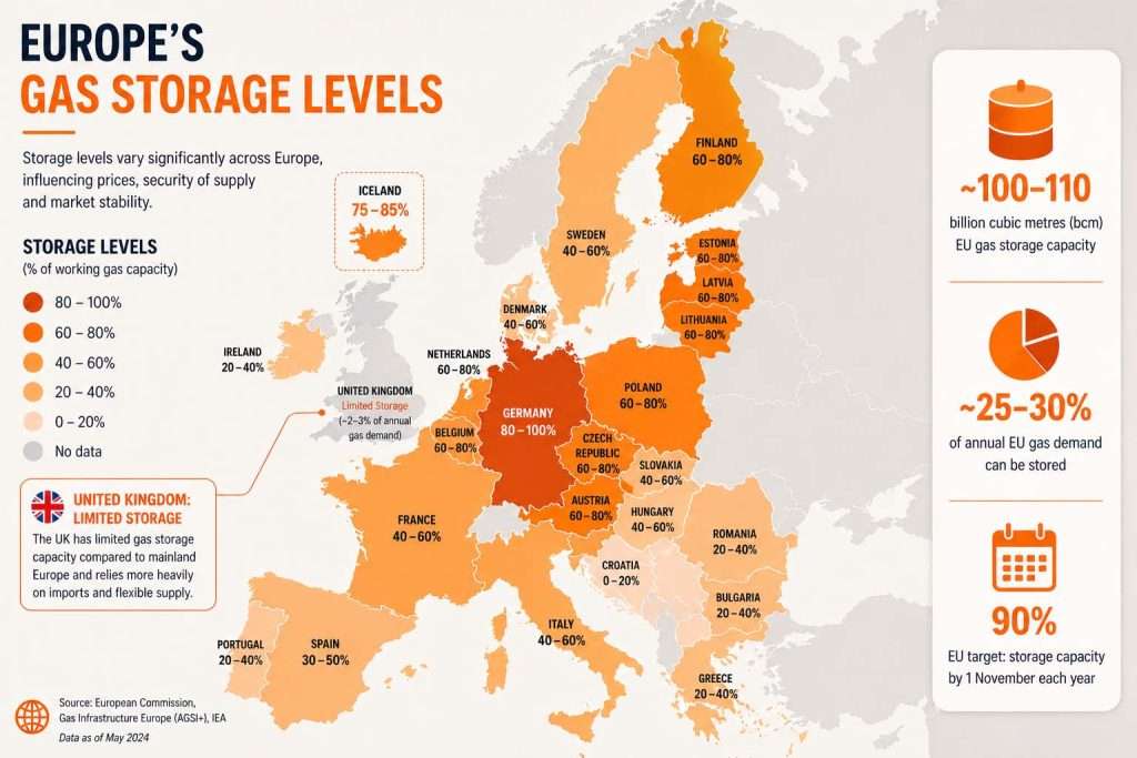 Europe’s Gas Storage Levels, Indicative visual based on publicly available market data.