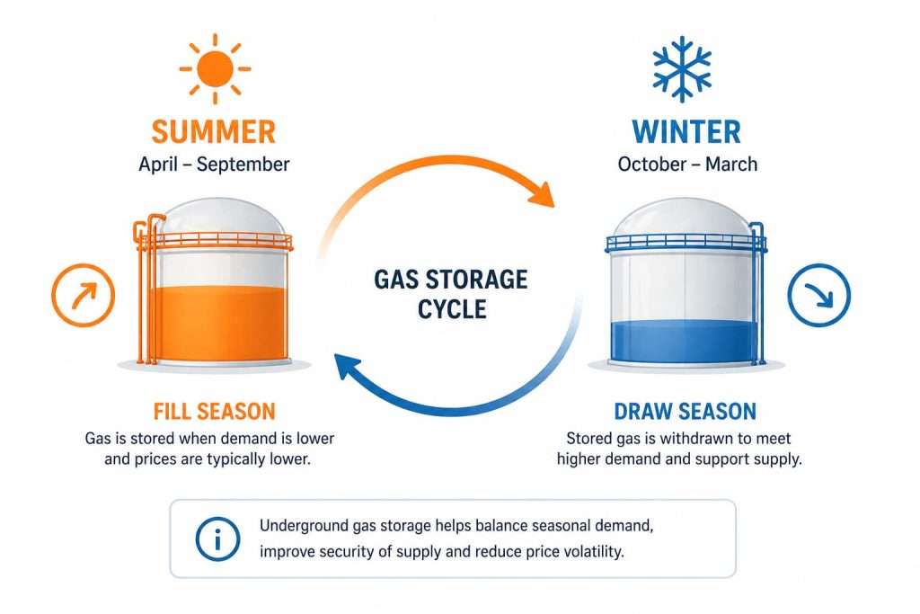 Illustration of the European gas storage cycle, highlighting seasonal injection (summer) and withdrawal (winter) patterns.