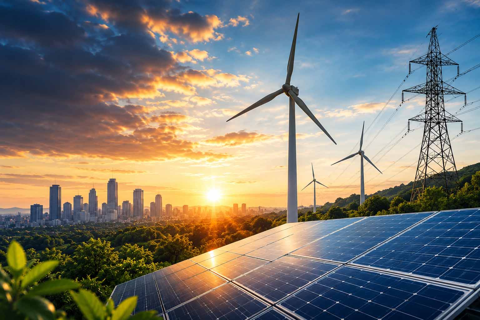 Renewable energy infrastructure including solar panels, wind turbines and electricity transmission lines supporting the UK's transition to cleaner energy.